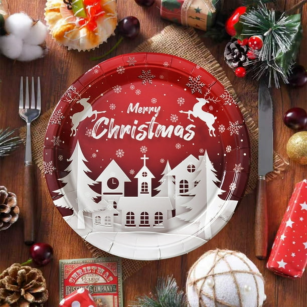 Platos desechables navideños | Paquete de 10 platos de papel navideños | Diseños festivos en rojo, rosa y marrón | 22,86 x 22,86 cm | Artículos esenciales para cenas y reuniones