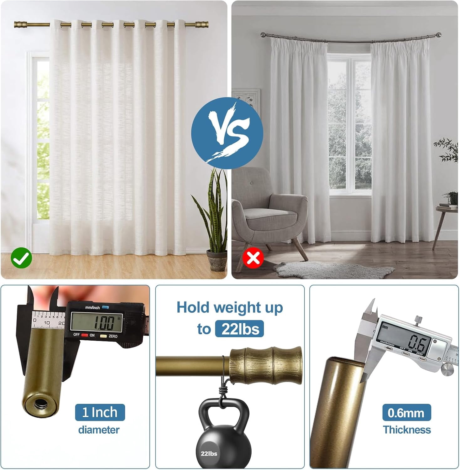 Urbanest Adjustable Single Curtain Rod Set Bamboo Finials – 1 - Inch Diameter, With Renaissance Gold Rod, 28–48 Inches