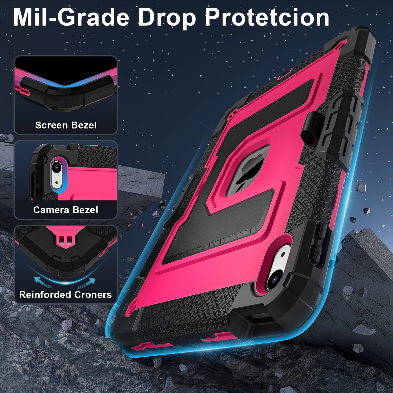 Allytechgroup Rugged Case for Apple iPad 9th 8th 7th Generation 10.2 inch 2021/2020/2019, Heavy Duty Protective Tablet Case with Kickstand, Pencil Holder & Detachable Shoulder Strap, Black+Rose