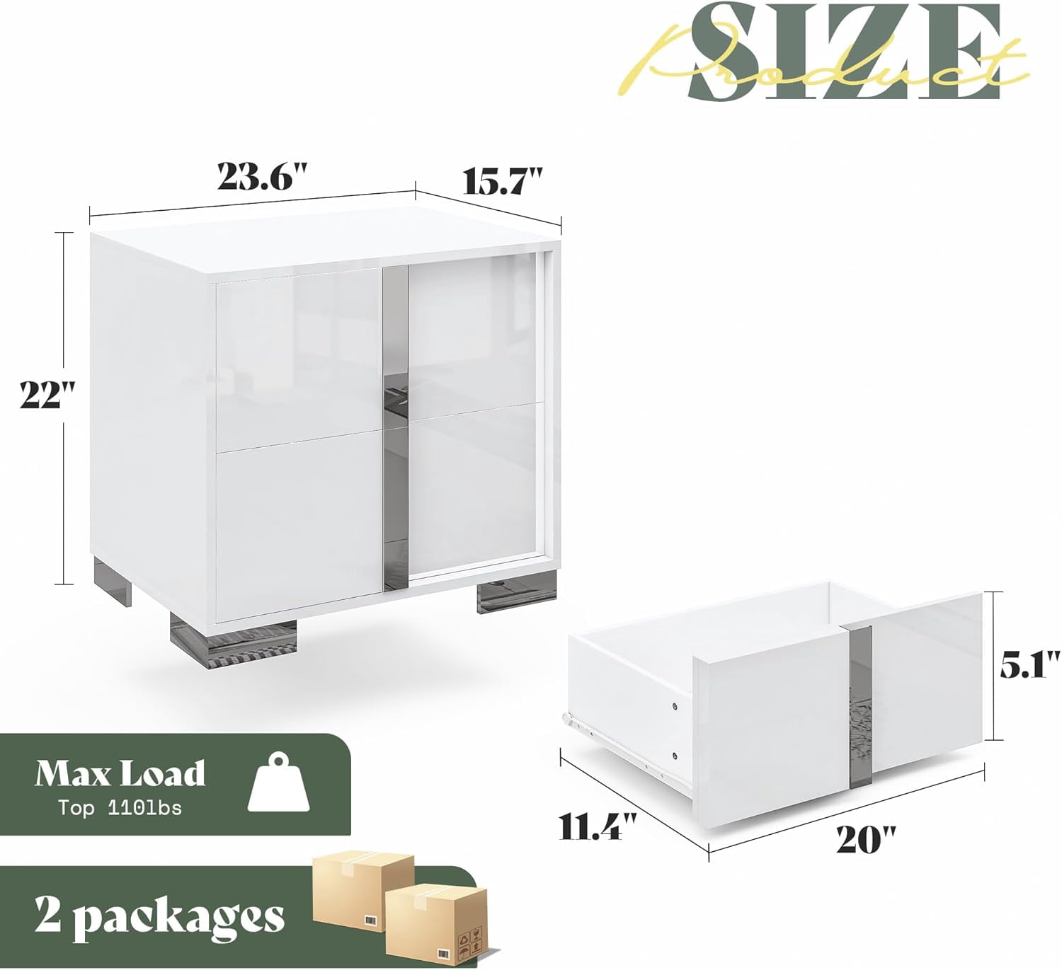 VanAcc Nightstand Set of 2 with Drawers & High Gloss UV Finish,Storage End Tables for Bedroom,White