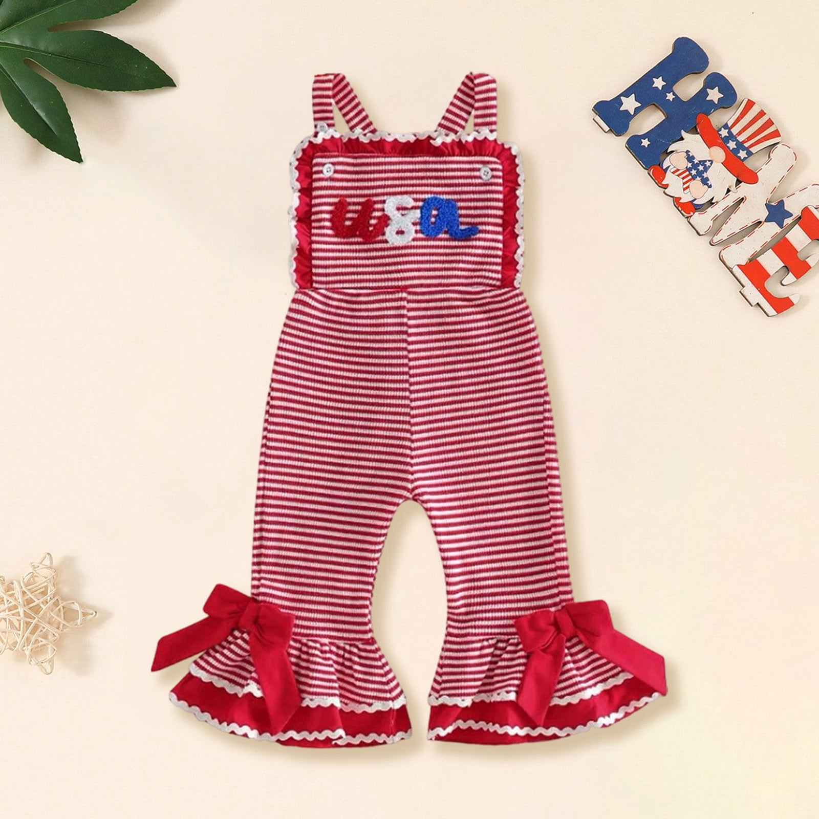 Faraee Toddler Baby 4th of July Girl Clothes Cute Sleeveless Romper Stripeds Spaghetti Strap Jumpsuit Summer Bell Bottom Outfit 6 12 18 24 Months 2T 3T 4T 5T Red