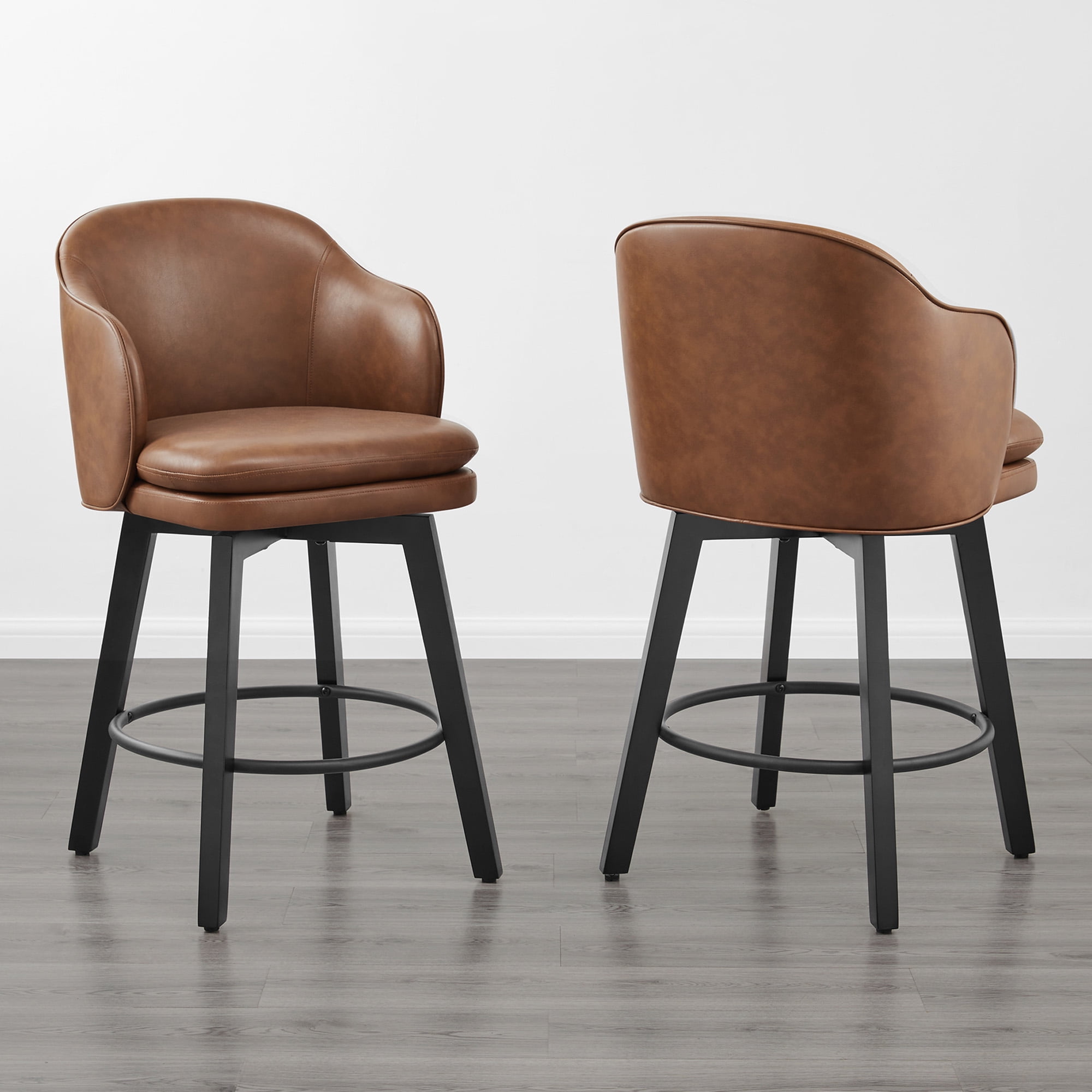 Spruce & Spring Counter Height Swivel Bar Stool with Curved Back and Arms Set of 2, Brown, Faux Leather