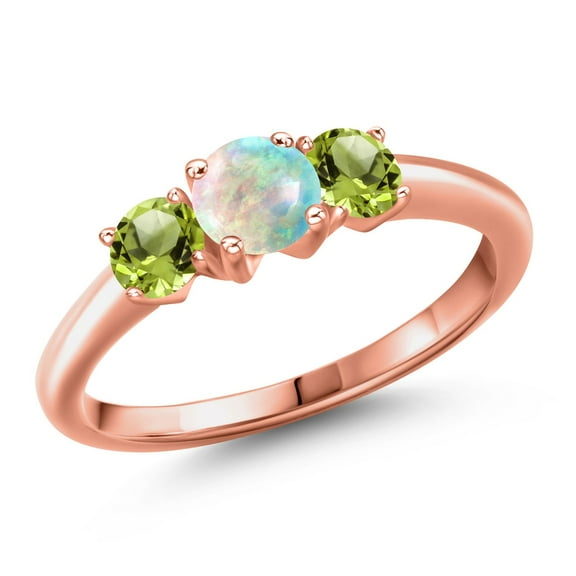 Gem Stone King 18K Rose Gold Plated Silver Simulated White Opal and Green Peridot Engagement Ring for Women | 1.10 Cttw | Round Cabochon 5MM | Gemstone October Birthstone | Size 9