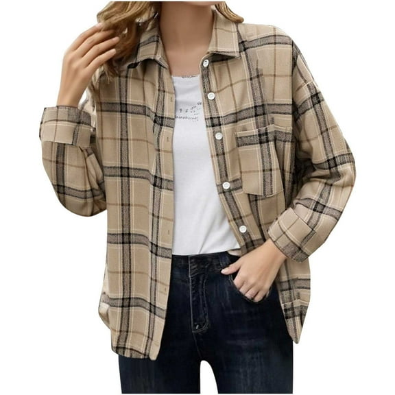 FAWUUDO Womens Casual Cuffed Long Sleeve Boyfriend Button Down Plaid Flannel Shirt Tops Khaki
