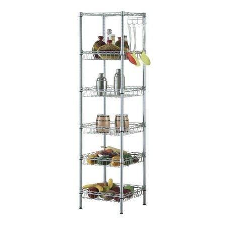 

CAIHONG 6 Wire Standing Shelf Units with Hook Shelving Steel Storage Rack Adjustable Unit Shelves for Laundry Bathroom Kitchen Pantry Closet 13.39 L x 13.39 W x 63”H Silver Gray