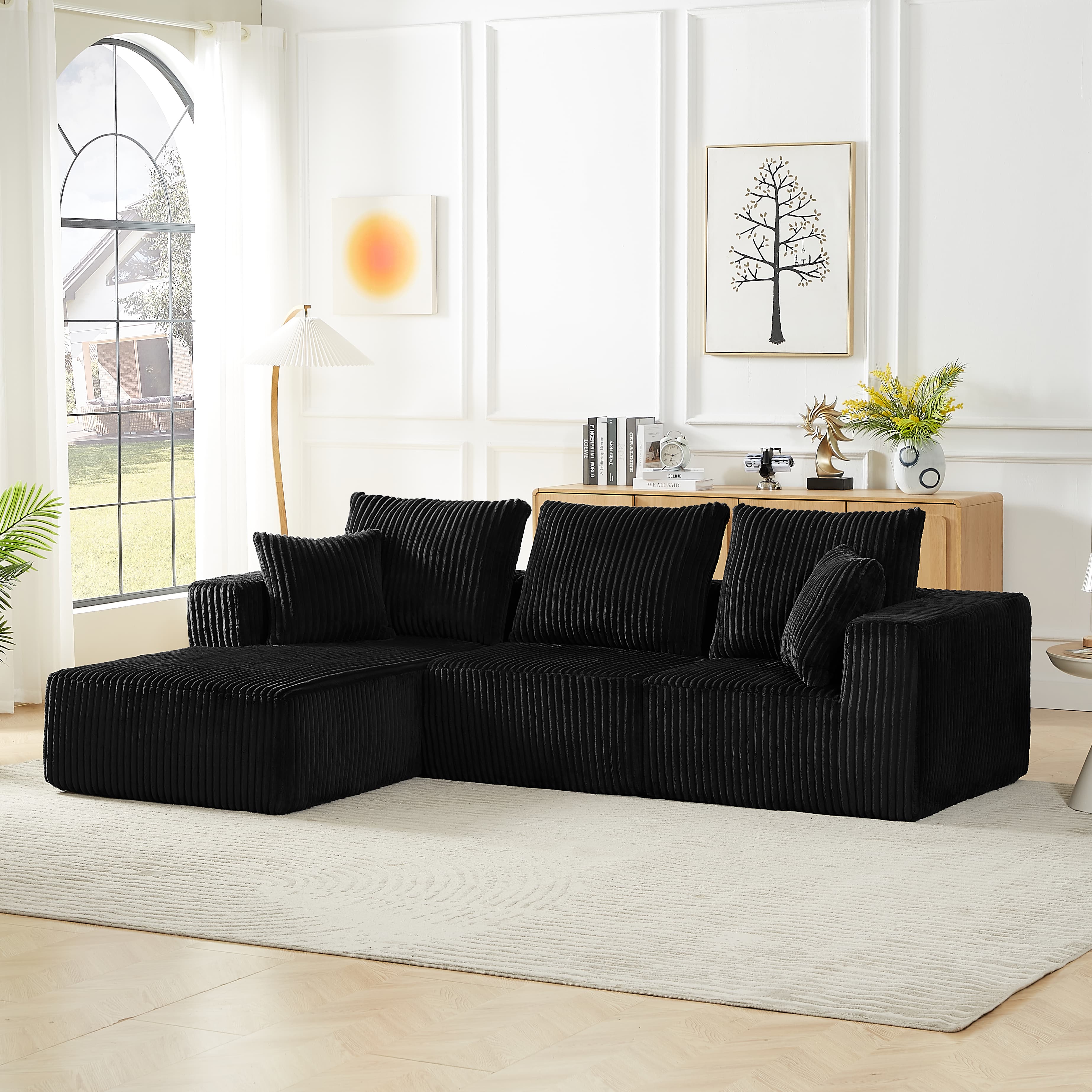 MAYEERTY Corduroy Cloud Sectional Sofa with Deep Seat, Modern Modular Couches for Living Room, 103*66*24"Black