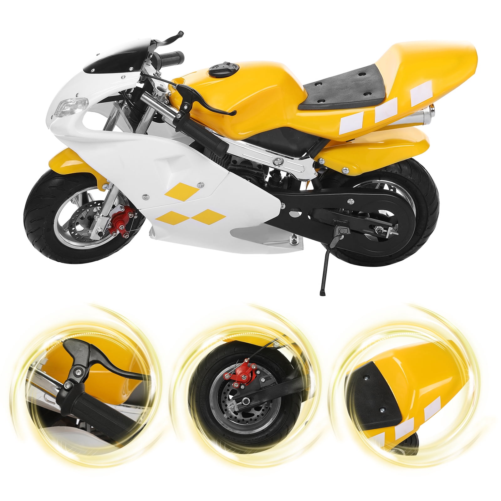 Fompes Gasoline Mini Motorcycle, 49cc Dirt Bike for Kids, 2-Stroke Gas Power Pocket Motorbike with Dual Headlights, Strong Dual Brake Racing, Supports 170lbs, Max Speed 20Mph, Yellow