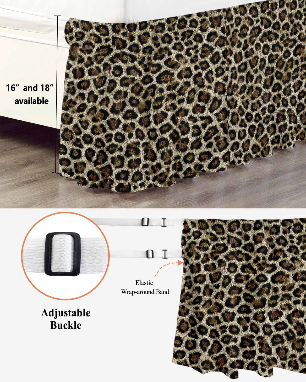 Classic Leopard Print Bed Skirt King Size 18 Inch Drop, Retro Brown Black Animal Fur Texture Adjustable Elastic Dust Ruffles Bedskirt for King Bed Wrap Around Pleated Mattress Frame Cover