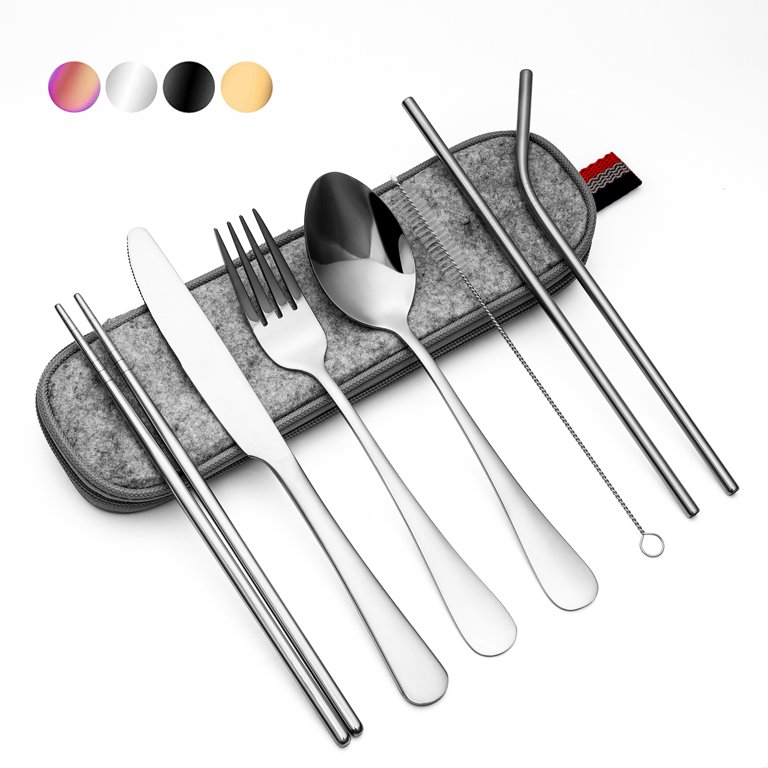 8 Color Travel Utensil Set with Case, Reusable Spoon Knife Forks Box  Utensil Set for Lunch for Adult and Elderly, Service for 8