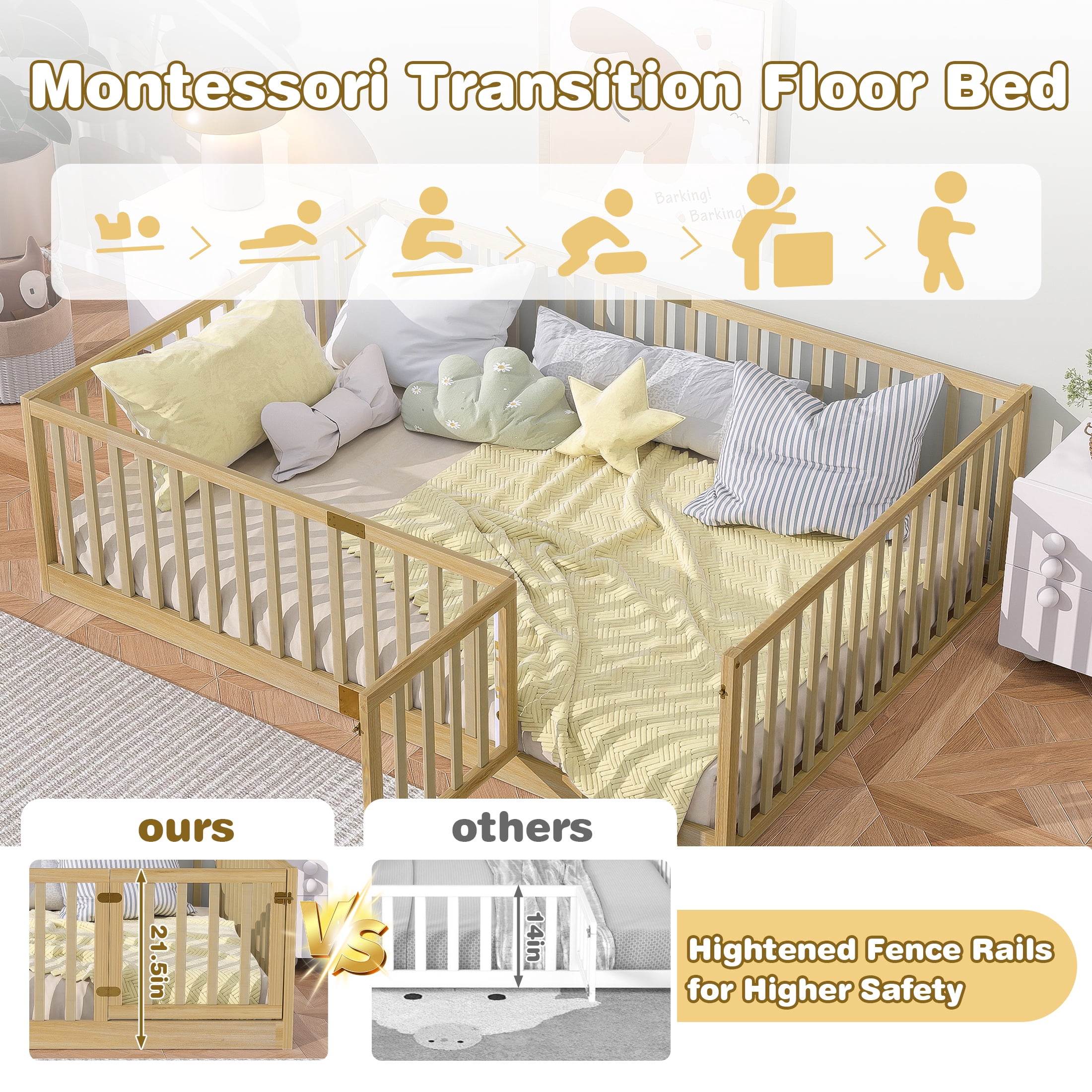 PORKISS Full Size Floor Bed with Door and Fence, Twin Size Bed Frame with Bed Slats, Sturdy Wood Floor Bed for Kids, Boys, Girls, Montessori Bed Frame, Natural