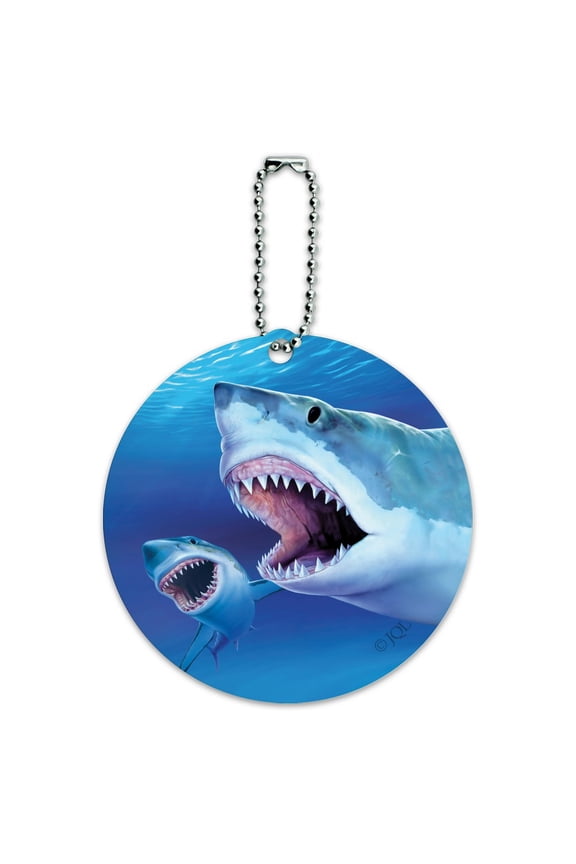 Great White Sharks Ocean Pair Scuba Diving Round Luggage ID Tag Card Suitcase Carry-On