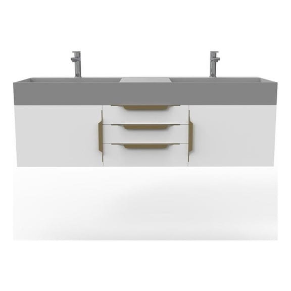 Amazon 60" White Wood Floating Vanity with Gray Top and Gold Trim