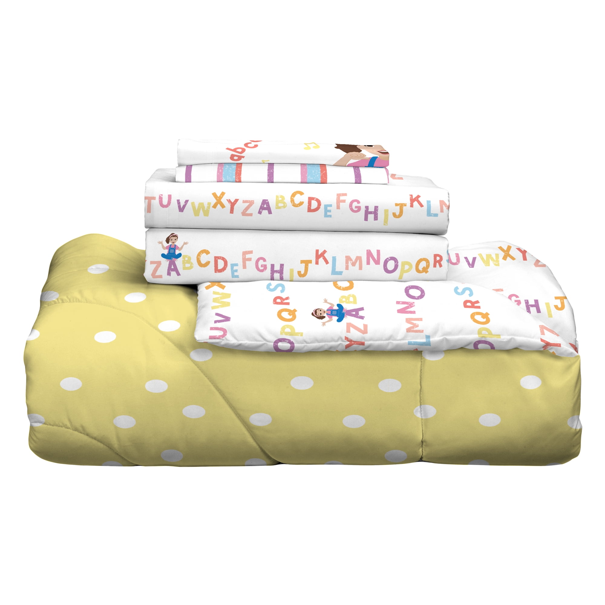 Ms. Rachel Kids 5 Piece Yellow White Polka Dot Reversible Comforter, Bed in a Bag, Full