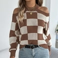 thumbnail image 6 of Cnbwig Women's Pullover Sweater Casual Off The Shoulder Color Blocking Checkered Long Sleeved Knitted Sweater Loose Knitwear for Womens Z1-Coffee L, 6 of 7