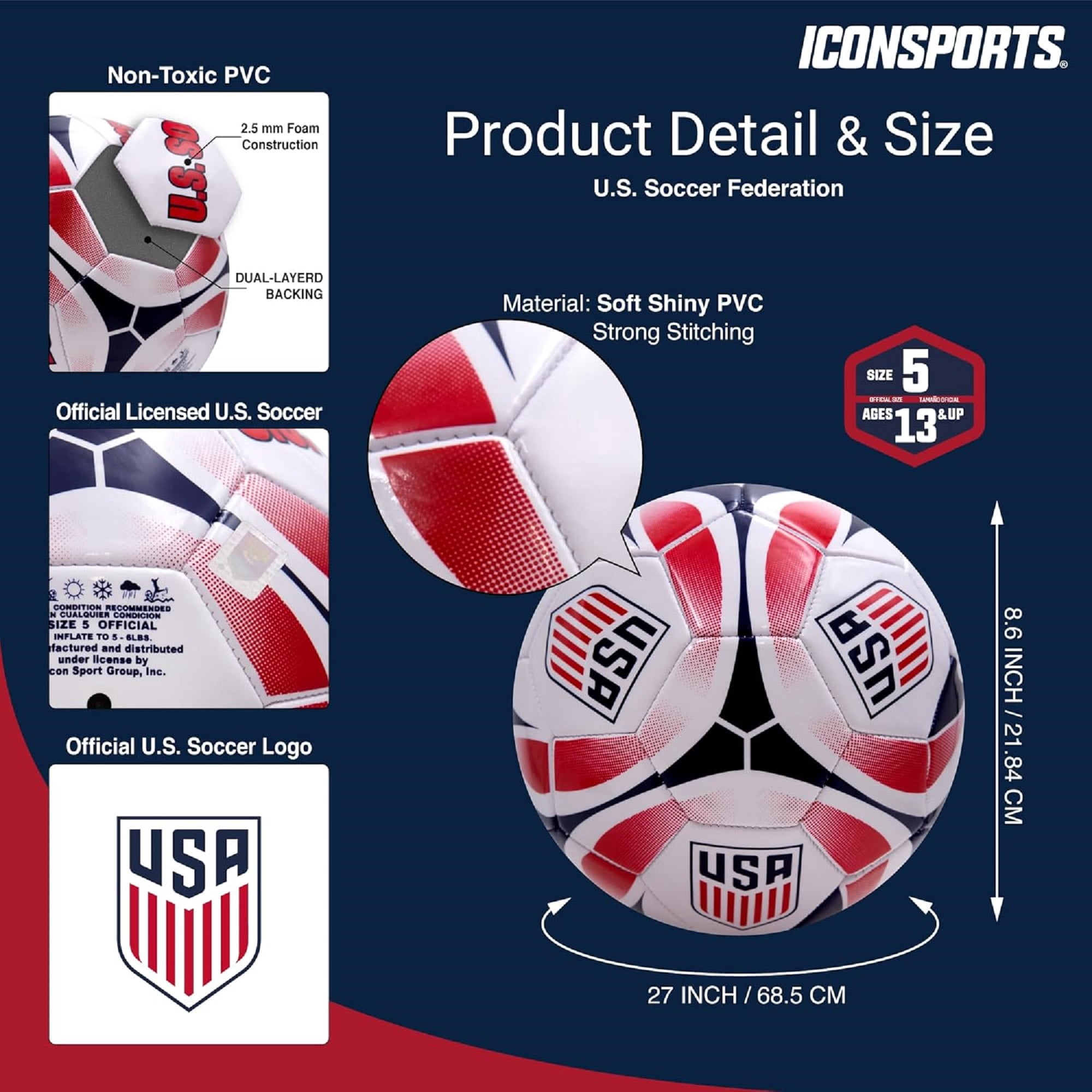 Icon Sports U.S. Soccer Official Licensed Soccer Ball - Inked [White Red] Size 5