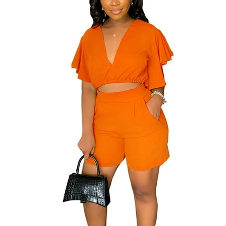 

Voguele Women Loungwear Elastic Waist Sleepwear Solid Color Lounge Sets Joggers Pajamas Cropped Top And Shorts 2 Piece Outfits Orange 2XL
