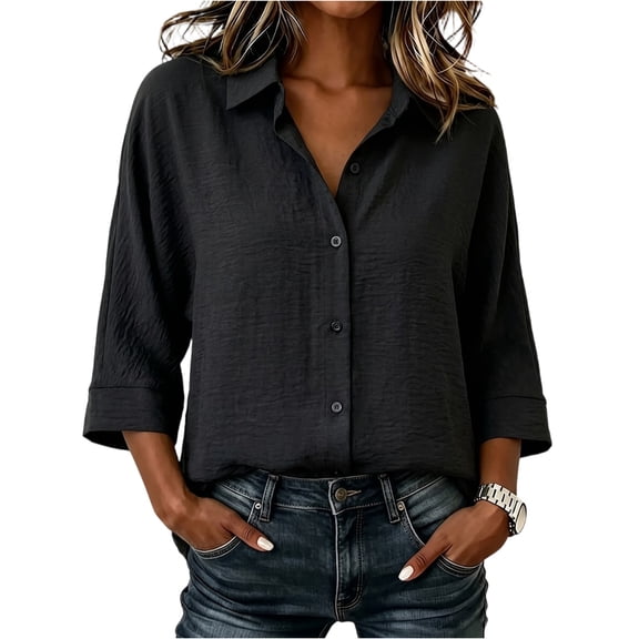 Gaukiv Womens Shirts Three Quarter Sleeve Collared Blouse Loose Fit Summer Tops Black XL