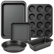 M Buder Baking Pans Set, 5 Piece Non-Stick Carbon Steel Bakeware Set, Baking Pans with Muffin Pan & Cookie Sheet & Cake Pan, Black