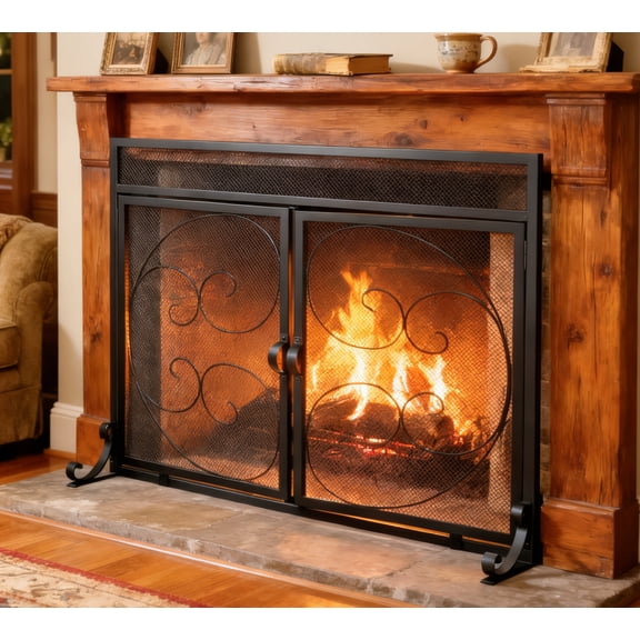 Fire Beauty Fireplace Screen with Magnetic Doors,Handcrafted Wrought Iron Classical Scroll Durable Metal Mesh, Decorative Free Standing Fireplace Spark Guard- Black