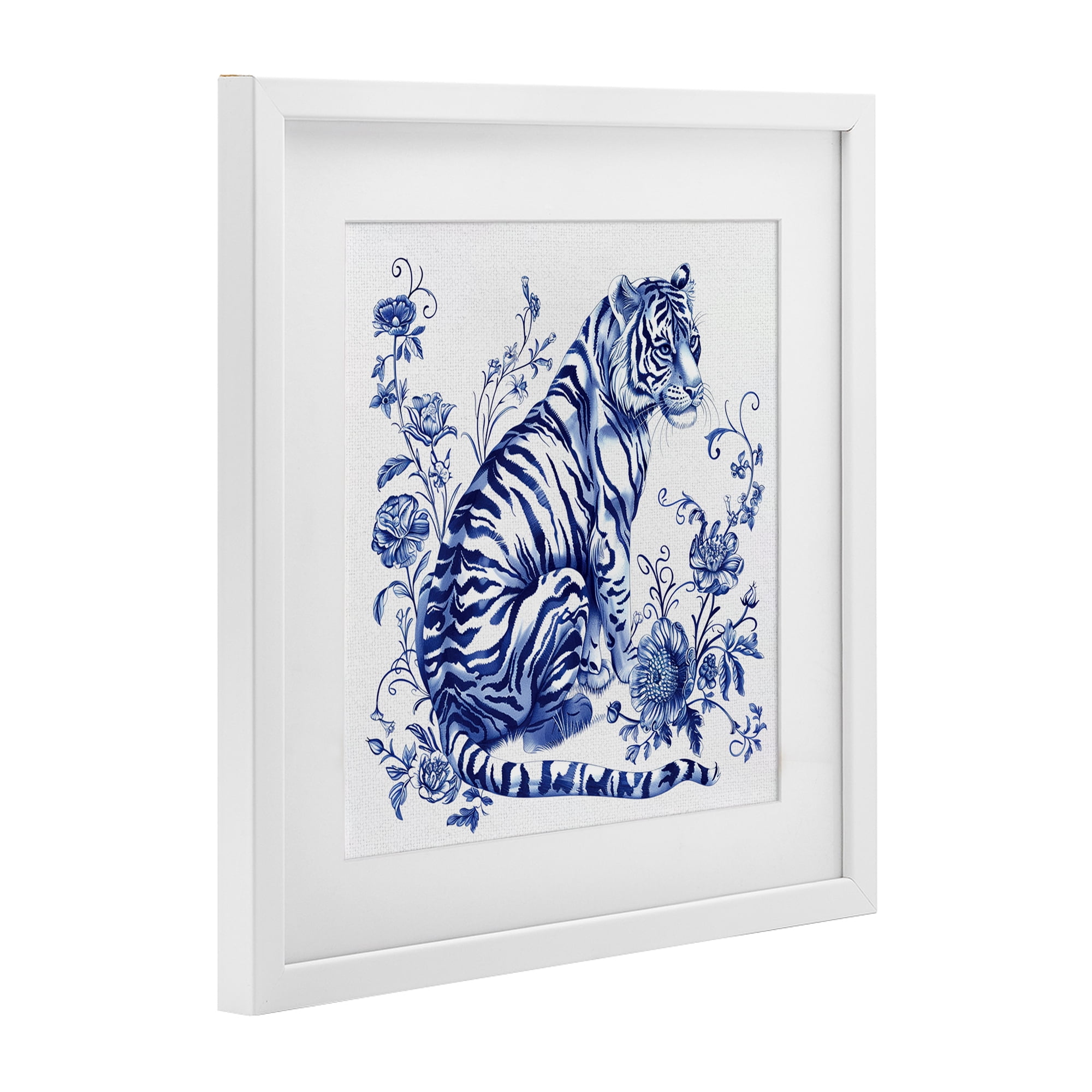 Traditional Ornate Floral Tiger White Framed Print Under Glass, design by Lettered and Lined