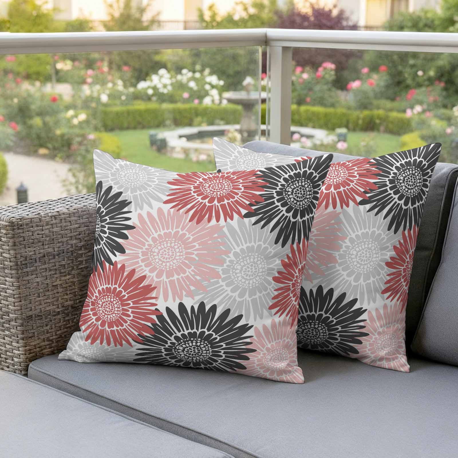 Red Pink Grey Sunflowers Outdoor Waterproof Throw Pillow Covers 20x20 Set of 2, Boho Retro Floral Rustic Blossom Pillowcases Cushion Pillowcase for Couch Sofa Patio Outside Pillow Protector