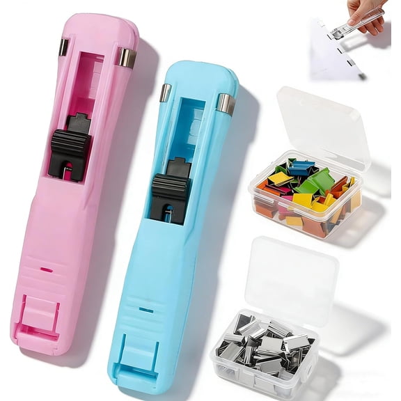 Portable Binder Clip Stapler, 100 Reusable Mini Push Stapler Clips, Handheld Paper Clamp Dispenser for Office & Home Desk (Pink Blue)