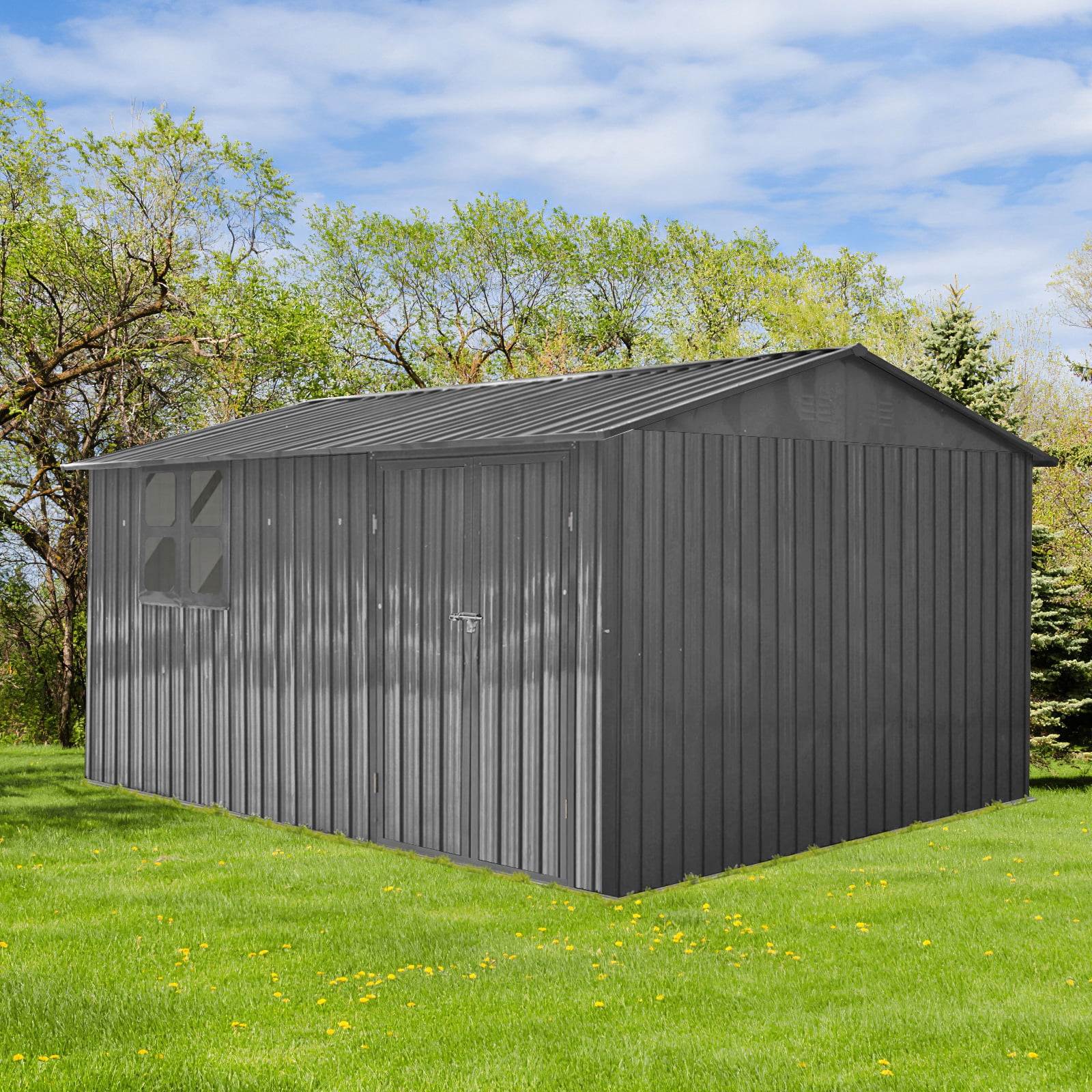 Mintazer 12×10 Ft All-Weather Metal Outdoor Storage Shed, Large Garden Tool Storage Building with Window for Backyard Lawn Patio, Gray