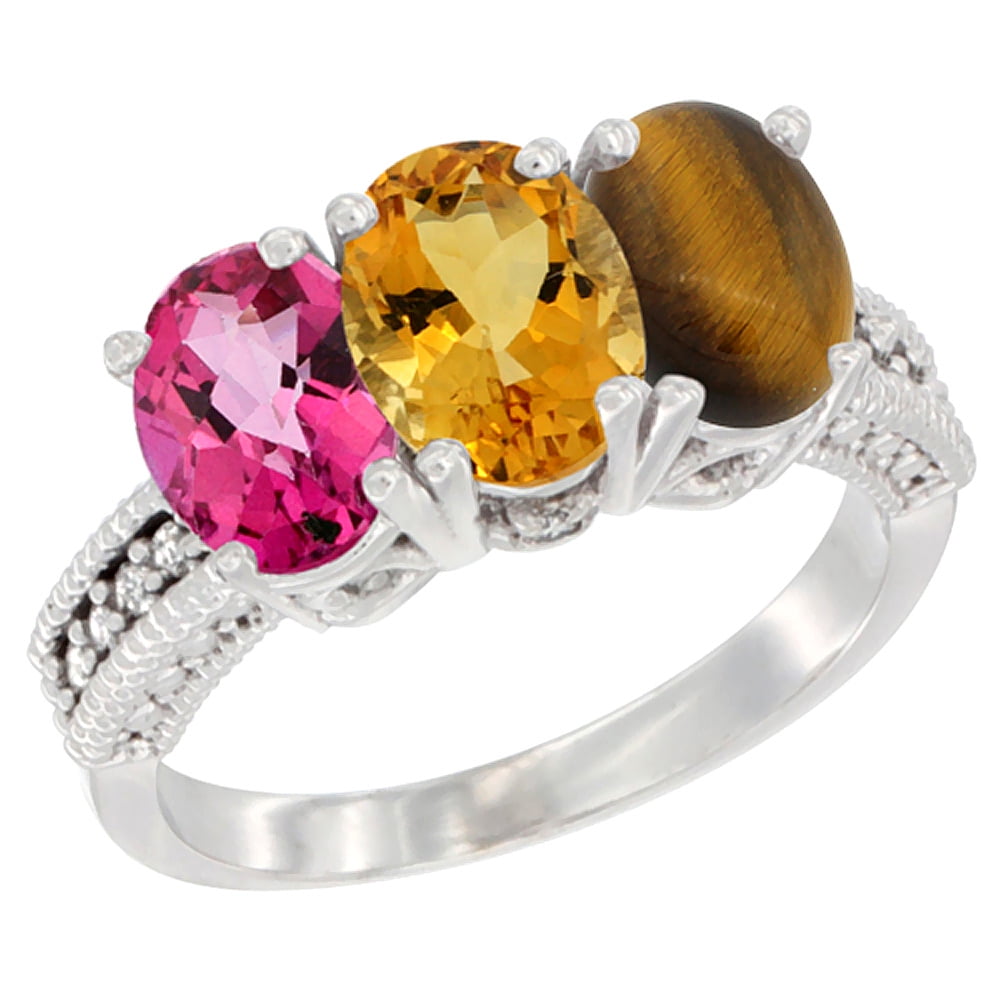 10K White Gold Natural Pink Topaz, Citrine & Tiger Eye Ring 3-Stone Oval 7x5 mm Diamond Accent, sizes 5 10 by WorldJewels