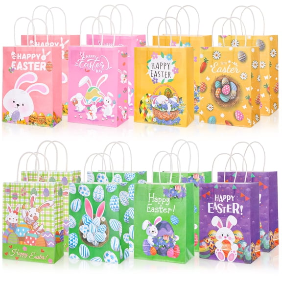 sixwipe 16 Pack Easter Gift Paper Bags, Happy Easter Goodie Bags with Handles for Egg Hunt, Party, Easter Basket Stuffers & Gifts (5.9x3.14x8.26 Inch)