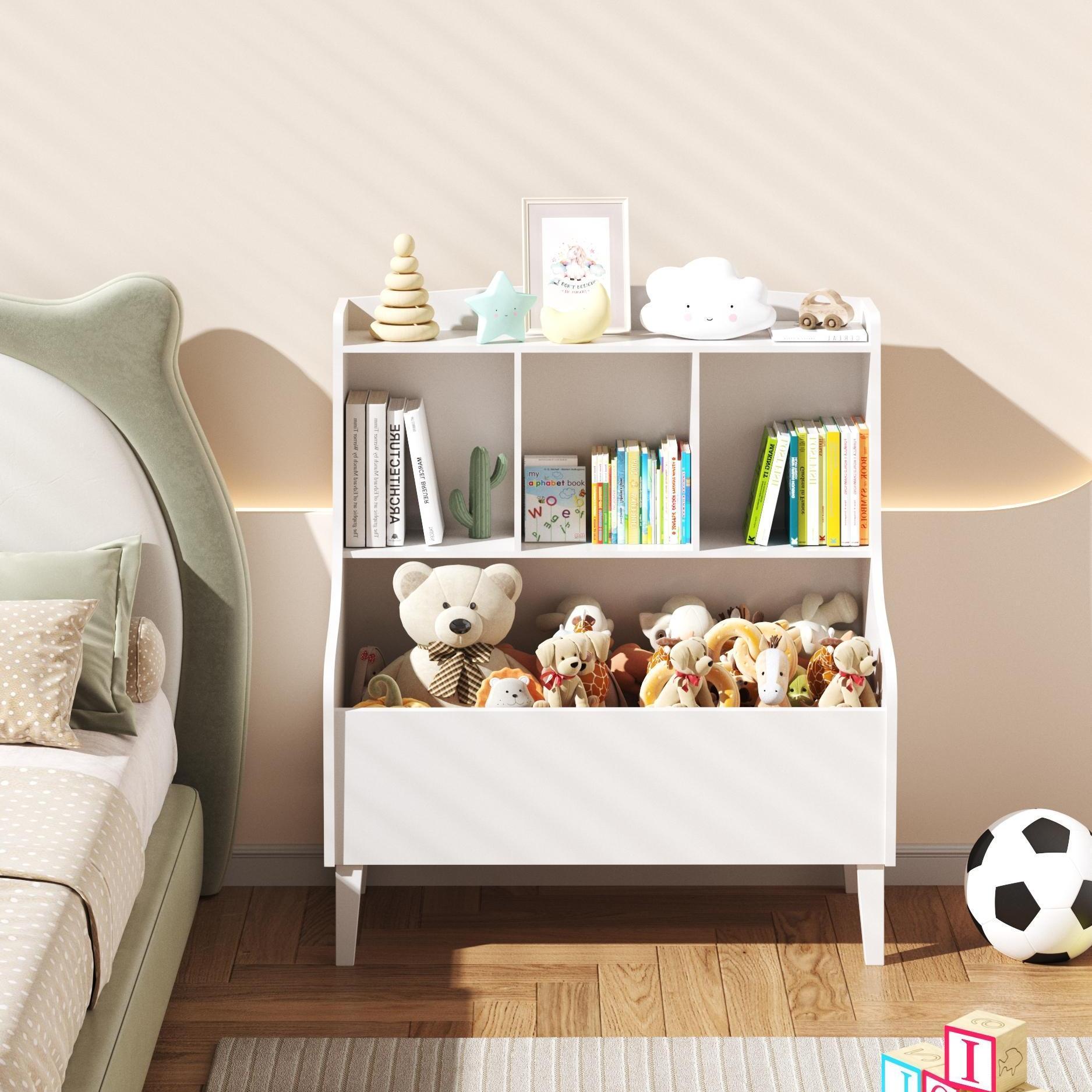 BALANBO Kids Bookshelf,  Toy Storage Organizer Market Bin Cubby, Toy Chest for 3-12 Years Old, White