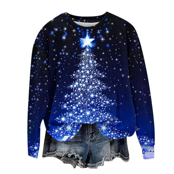Womens Christmas Tree With Lights Pullover Sweatshirt Long Sleeve Round Neck Top My Items