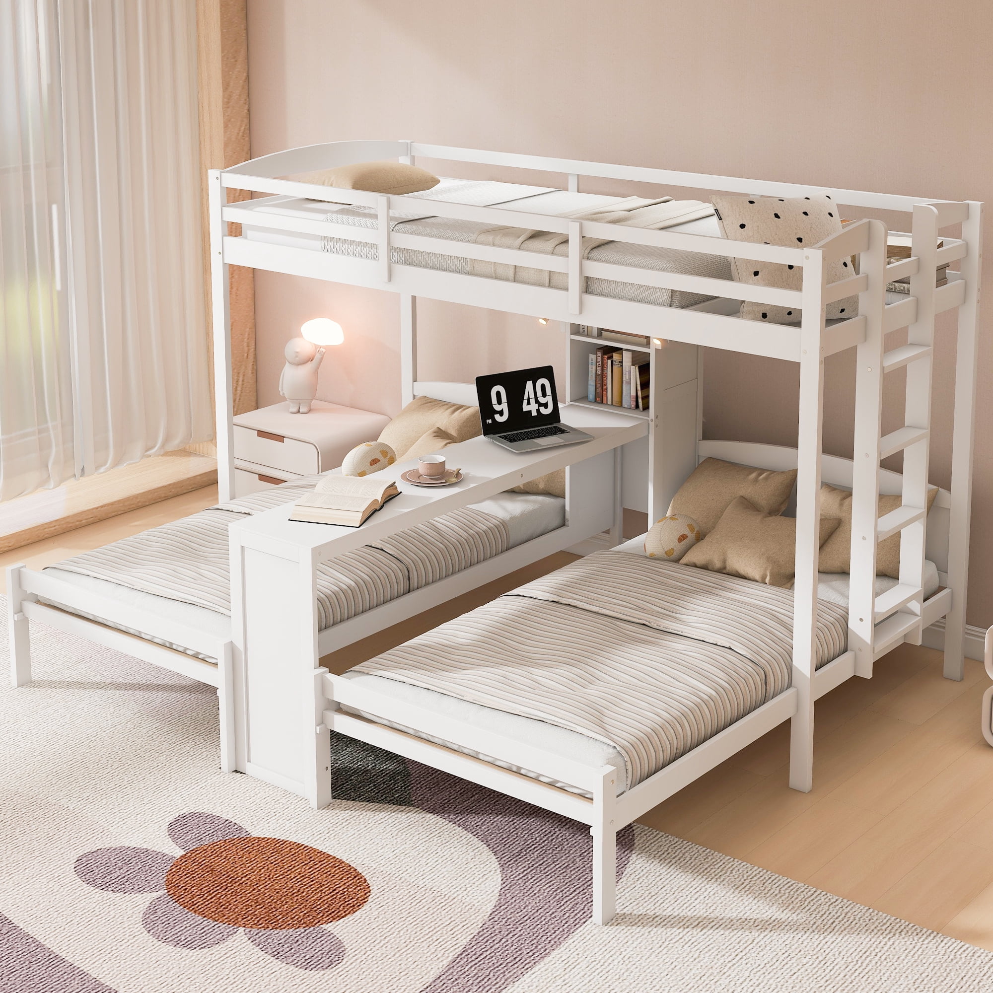 Mintazer Twin over Twin over Twin Bunk Bed with Desk, Bunk Bed with Reading Lamp and Storage Shelves, White