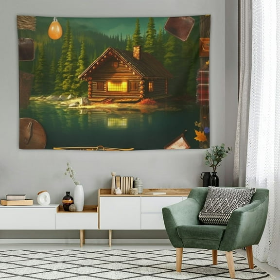 Creowell Rustic Lake Cabin Tapestry,Hunting Animals Fishing Wall Blanket Deer Bass Fish Wall Hanging Art Kids Adult Room Decor,Vintage Wood Brown Checkered Porch Hangings,60x40 Inch 60x40in