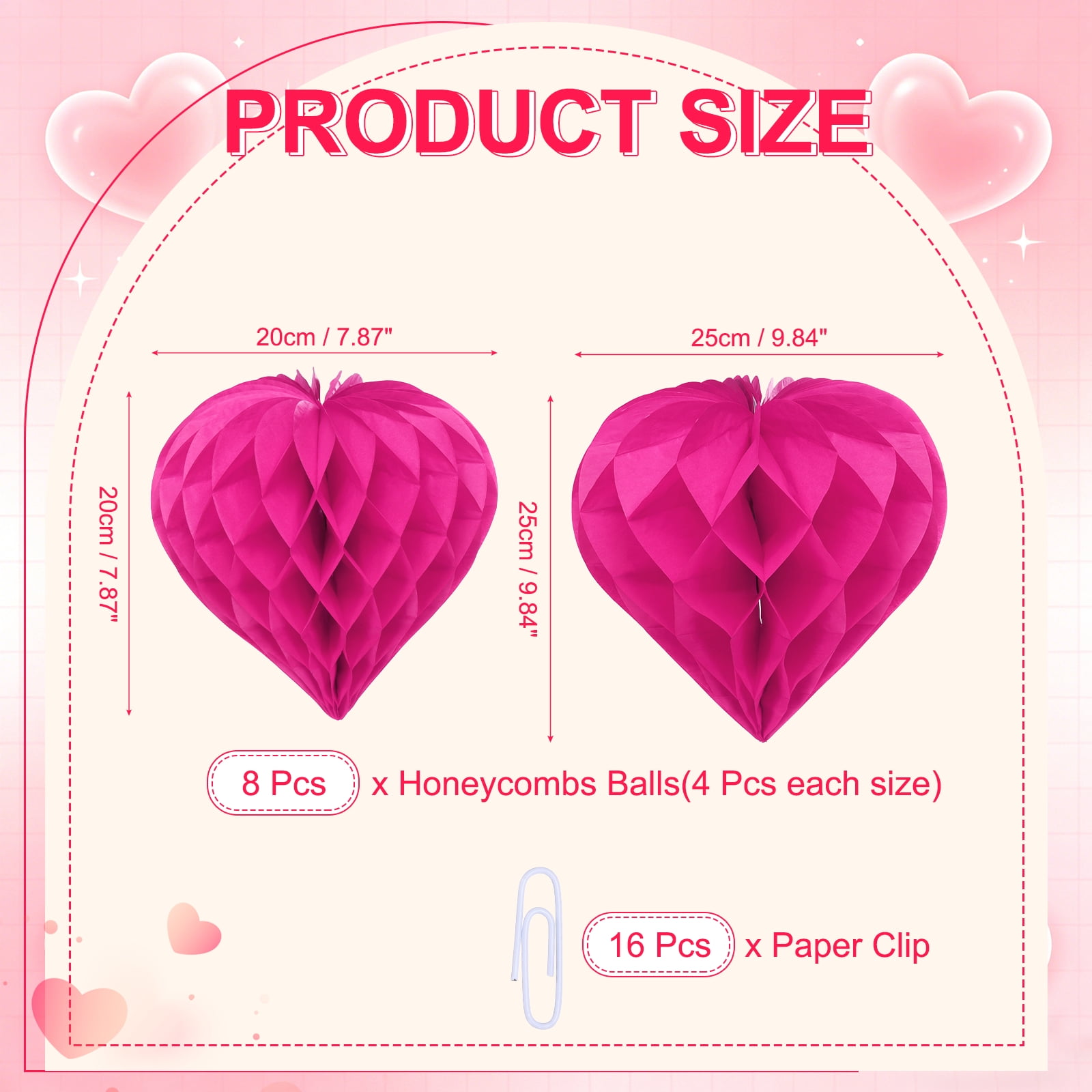 Uxcell 8 Pcs Honeycombs Balls, 8/10" Heart Shaped Honeycombs Paper Pom Poms with Paper Clip Home Hanging Decorations for DIY Crafting Valentines Christmas Wedding Birthday Party, Rose Red
