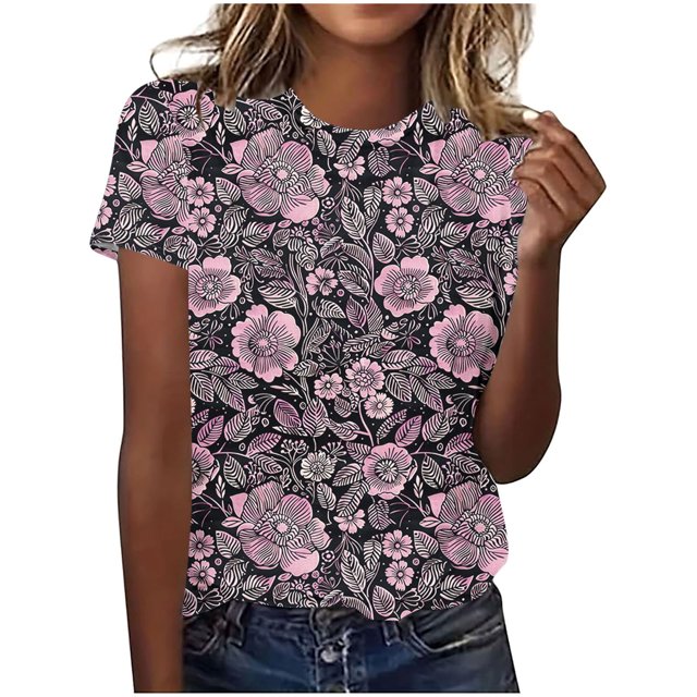 Hauts d'Été pour Femmes DYTTDG Mode Florale Grande Taille T-shirt Col Rond Manches Courtes Tee Décontracté Ample Hauts pour Femmes Liquidation Moins de 10 Multicolore,TG