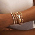thumbnail image 3 of 5PC Juego de Pulseras para Mujer de Acero Dorado: Tipos Bangle, Nudo y Tennis con Dainty Circonita Cúbica, Apilables, No se Decoloran, Pulseras de Moda, 3 of 5