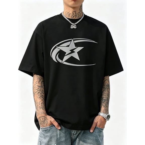 Men's Oversized Black T-Shirt with Grey Star Lightning Graphic, Loose Fit Streetwear Tee Top
