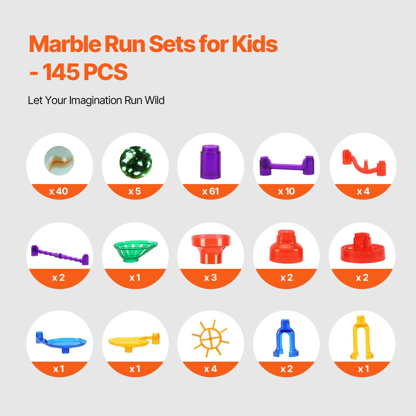 Marble Run Set, 145 Piece Marble Maze Building Block Brain Game, with 5 Glow in the Dark Marbles + 40 Glass Marbles, Educational Learning Race Track STEM Toys, for Kids, Boys, Girls Ages 3+