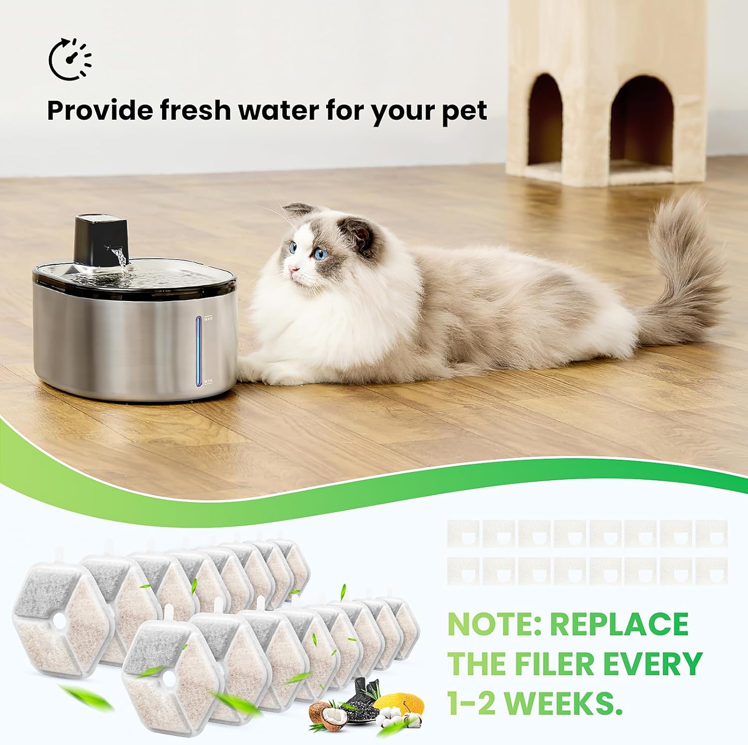 16 Pack Replacement Filters & 16 Pack Sponges for 152oz/4.5L Wireless Cat Water Fountain PTM-643