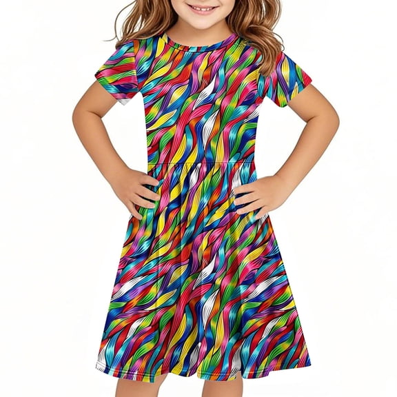 Fatuov Kids Girls Crew Neck Ruffle Dress Printed Boho A-Line Dress for Holiday Loose Fit Summer Dress Size 7 Years