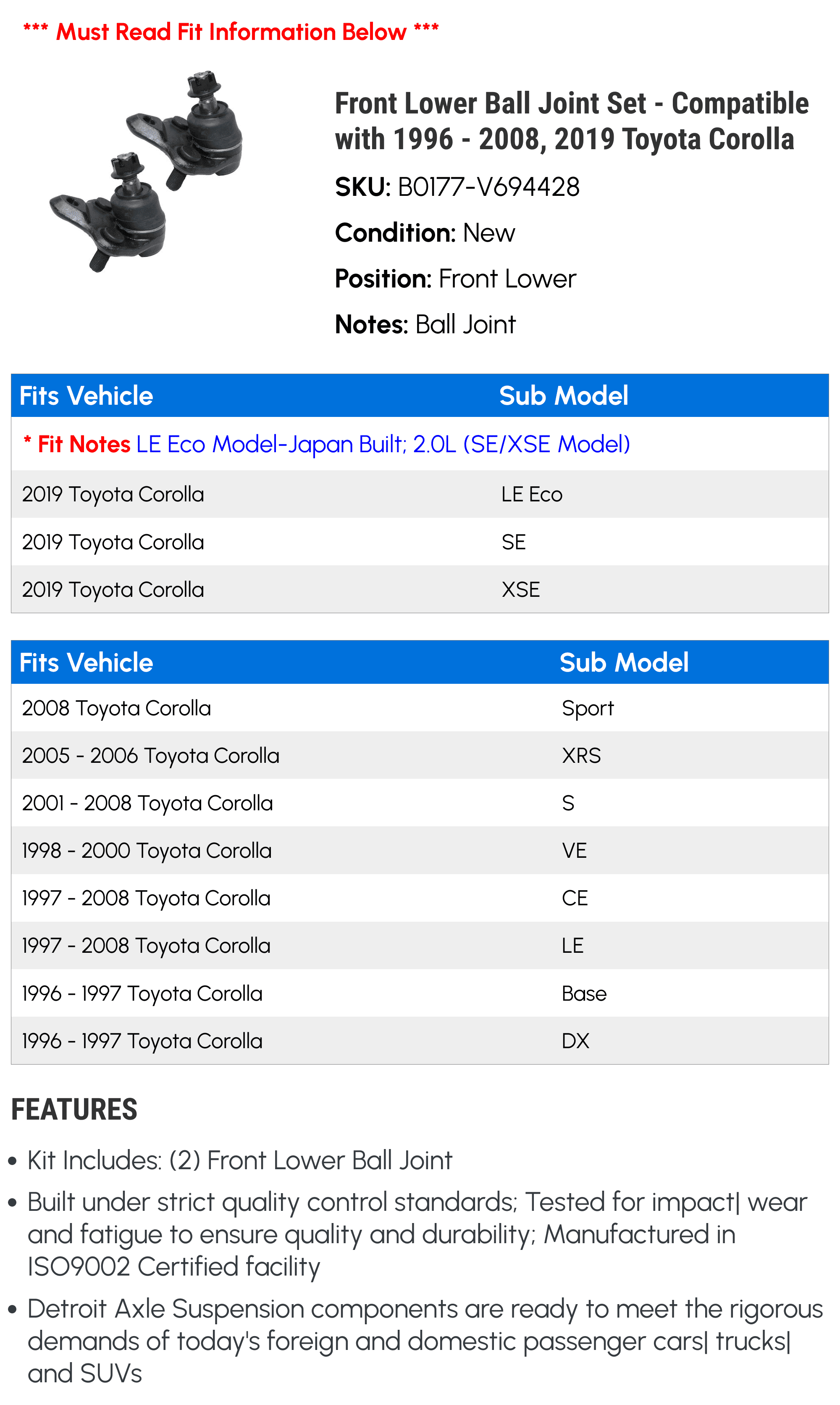 Front Lower Ball Joint Set - Compatible with 1996 - 2008, 2019 Toyota Corolla 1997 1998 1999 2000 2001 2002 2003 2004 2005 2006 2007