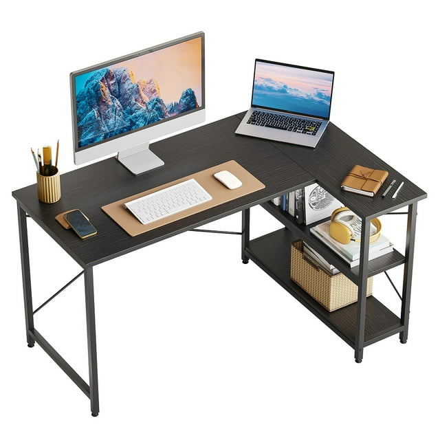 Bestier Bureau d'Angle en L de 47 Pouces avec Étagères de Rangement Bureau à Domicile Noir