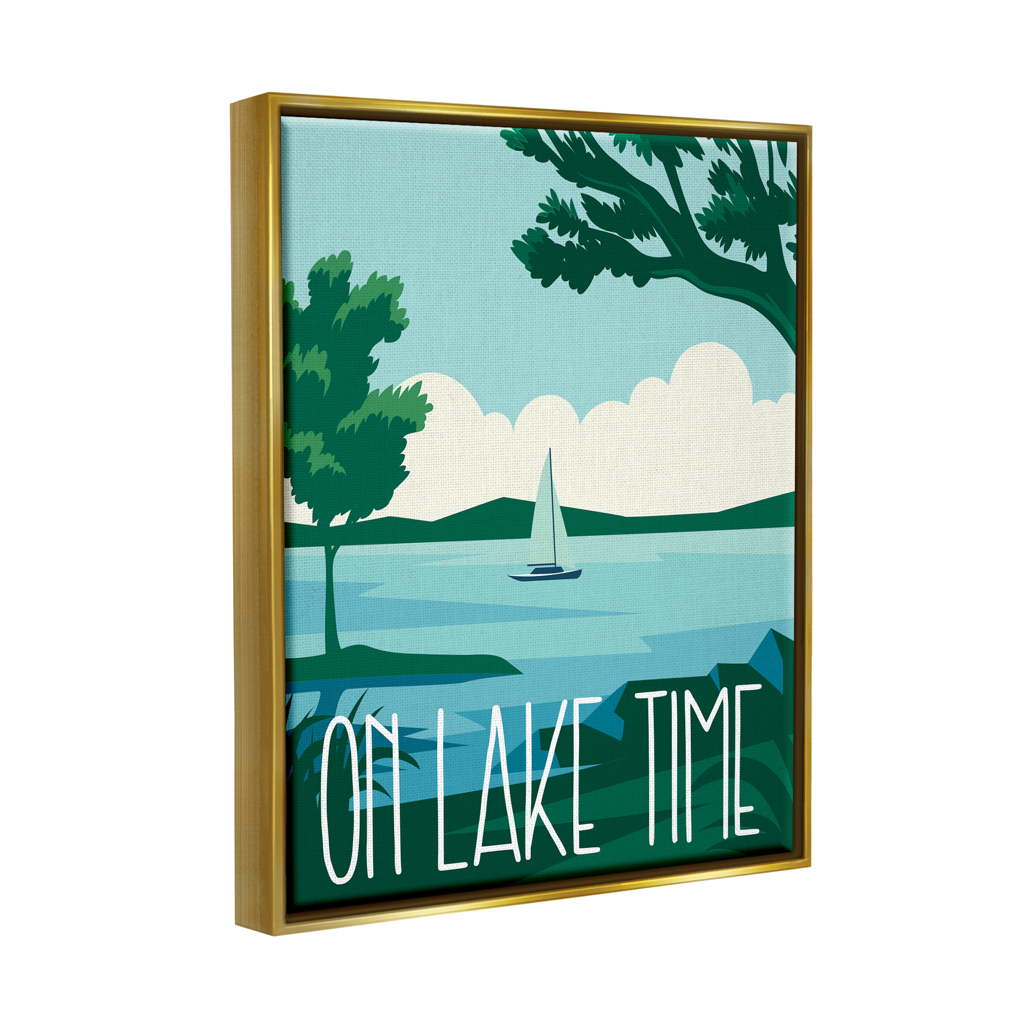 Stupell Industries On Lake Time Modern Nature Scenery Coastal Painting Gold Floater Framed Art Print Wall Art