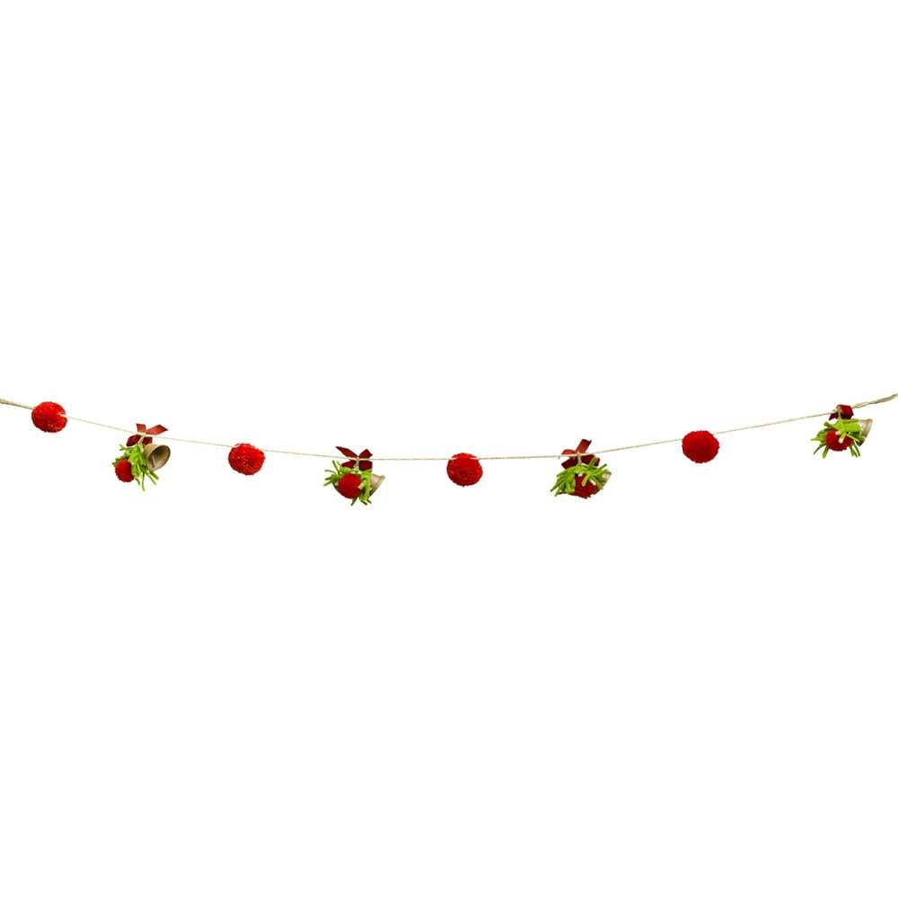 Pack of 4 Red, Green and Gold Pom Pom and Bell Christmas Garland 4.5' - Walmart.com - Walmart.com