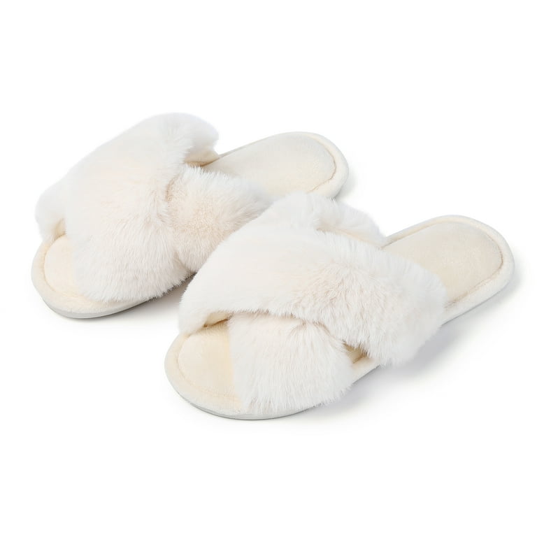 Kitsin Fuzzy Cross Band Slippers Soft Plush Furry Fur House Shoes