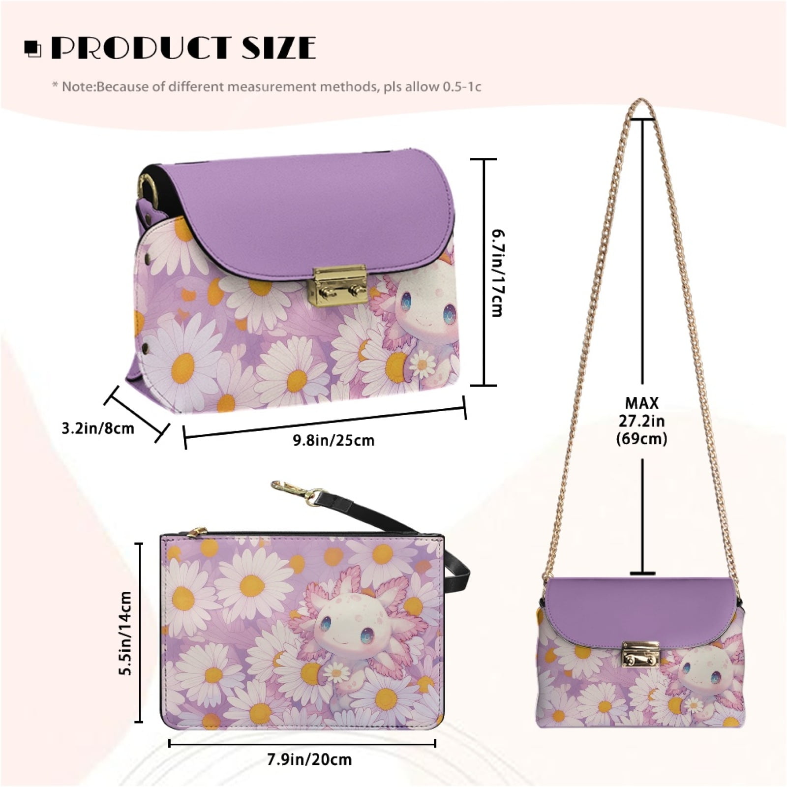 SCRAWLGOD Axolotl Daisy Print Violet Small Crossbody Bag Women's Crossbody Purse PU Leather Crossover Shoulder Bag Cross Body Handbags with Small Shoulder Purses