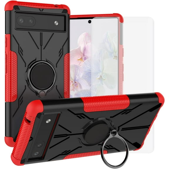 Compatible with Google Pixel 6a 5G Case and Tempered Glass Screen Protector Cover Slim Magnetic Ring Holder Stand Rugged Cell Phone Cases for Pixel6a5G Pixel6a a6 G5 Pixle 6a5G 2022 Women Men Red