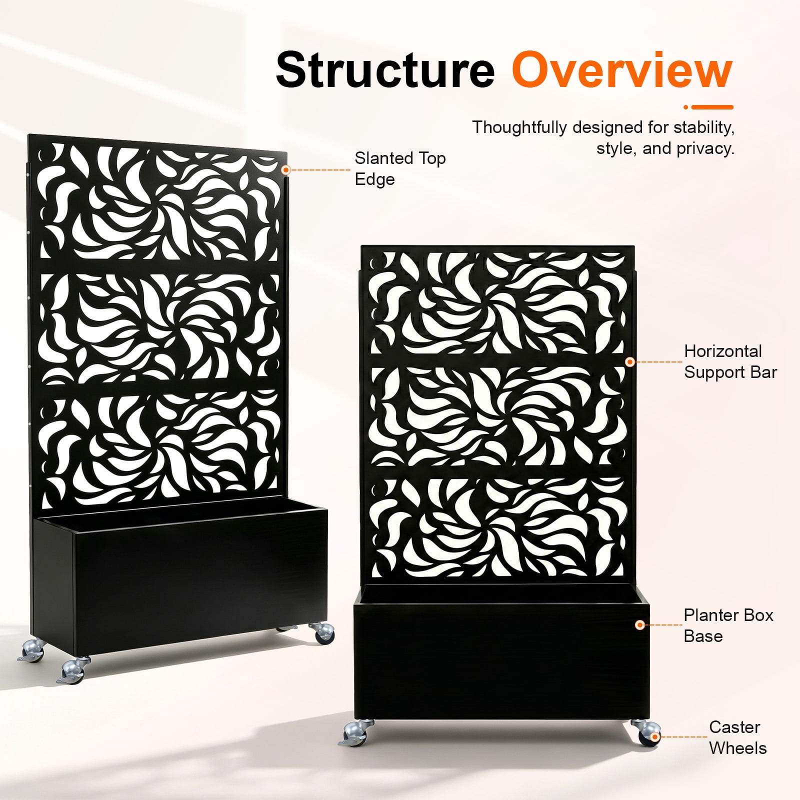 Privacy Screen with Planter Box, Black Metal Freestanding Decorative Fence Planter for Patio Balcony Backyard, 70.87" H x 46.06" W