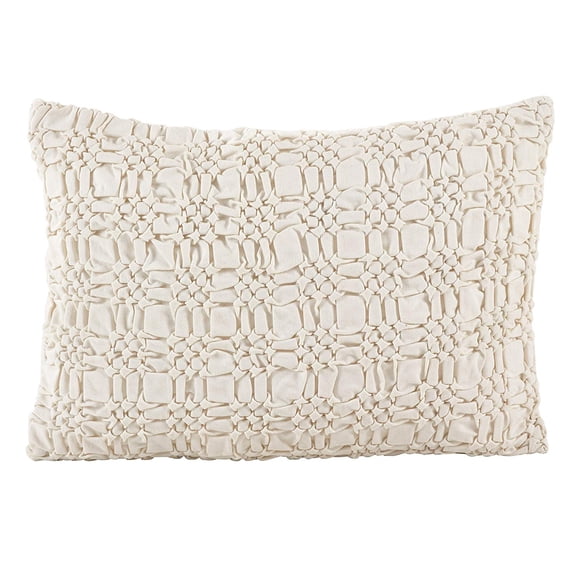 Brisbane Collection Smocked Design Down Filled Cotton Throw Pillow (Ivory, 14"x20")