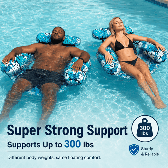 Inflatable Pool Float Chair for Adults, Tropical Leaf Floating Lounger with Headrest, Back Support and Wide Armrests for Pool & Lake